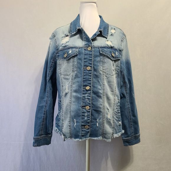 Enjean Denim Jean Jacket Distressed Women's Size Large Blue - Picture 2 of 8